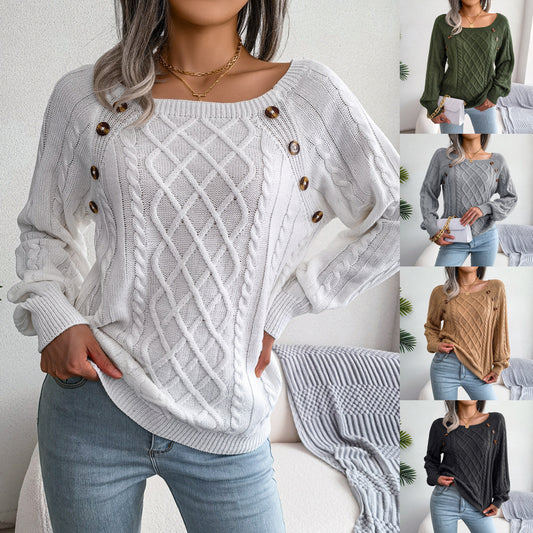 Autumn And Winter Casual Square Neck Button Twist Knitted Pullover Sweater Independent Station Amazon Cross-border Women's Clothing