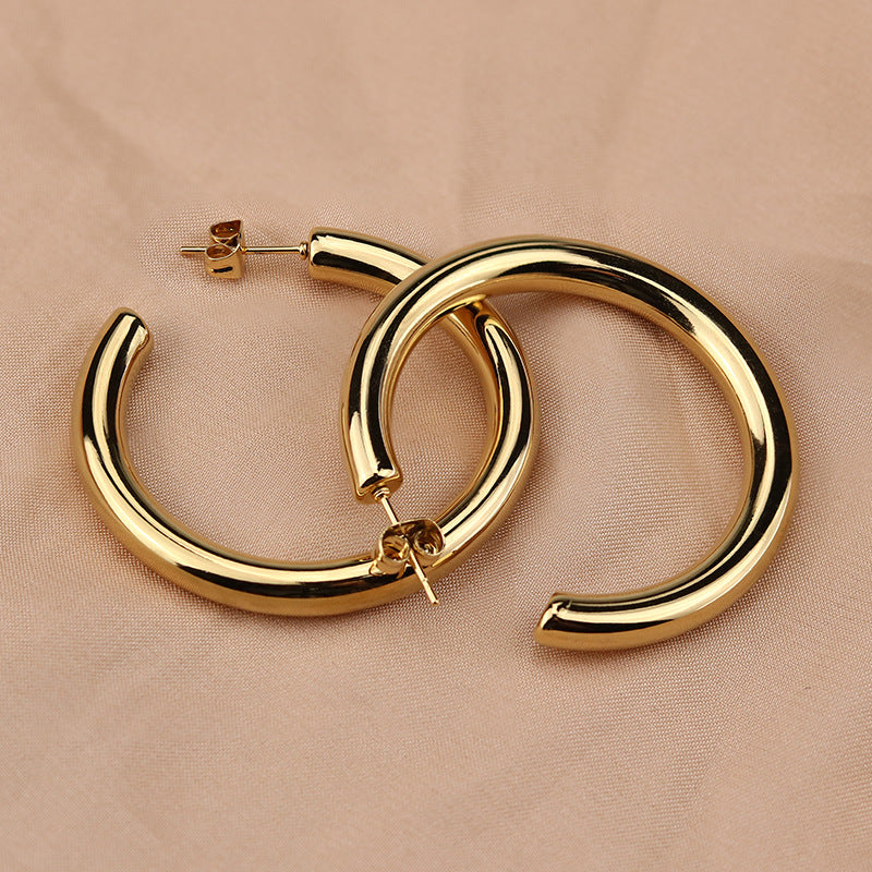 New Fashion Simple Earrings Round Hollow Wire Earrings Titanium Steel Ear Buckle Thick Earrings Ear Jewelry Female Explosive Style