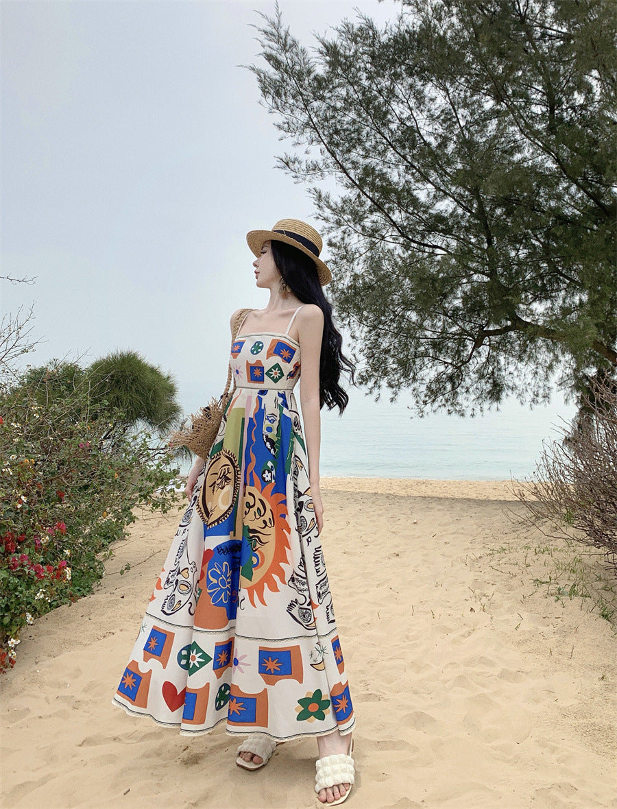 Color Printing One-shoulder Sleeveless Beach Long Dress