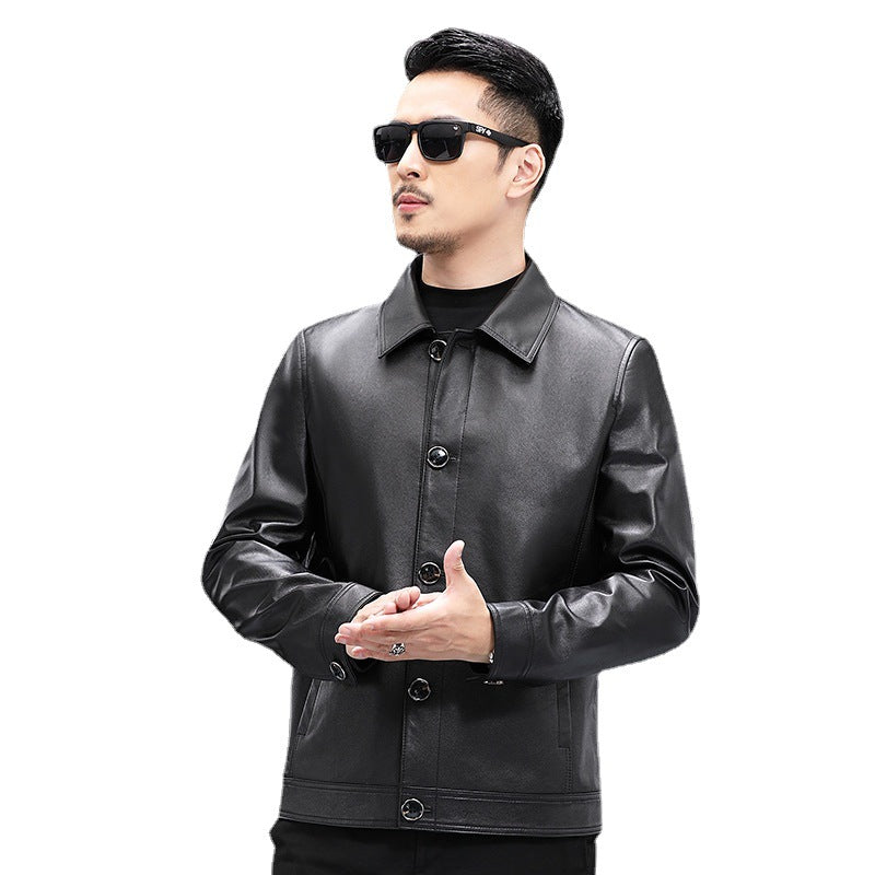 New Spring And Autumn First Layer Cowhide Genuine Leather Jacket Men's Lapel Short Slim Haining Leather Jacket Business Casual Jacket