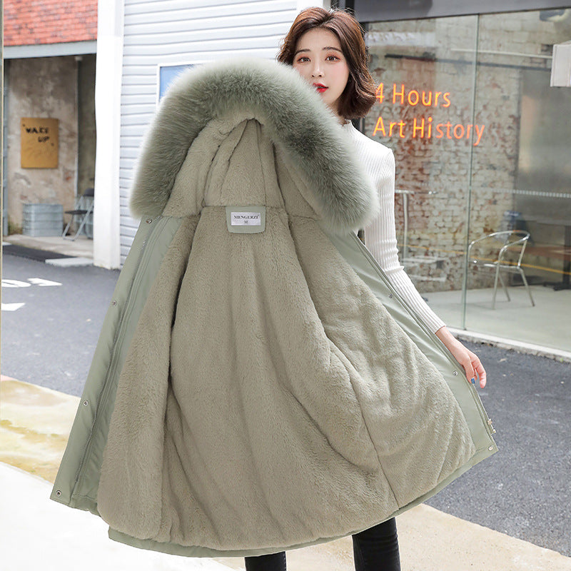 Winter Cotton Coat Women's Korean Version Mid-length Loose Warm Pie To Overcome Big Fur Collar Hooded Thickened Cotton Coat