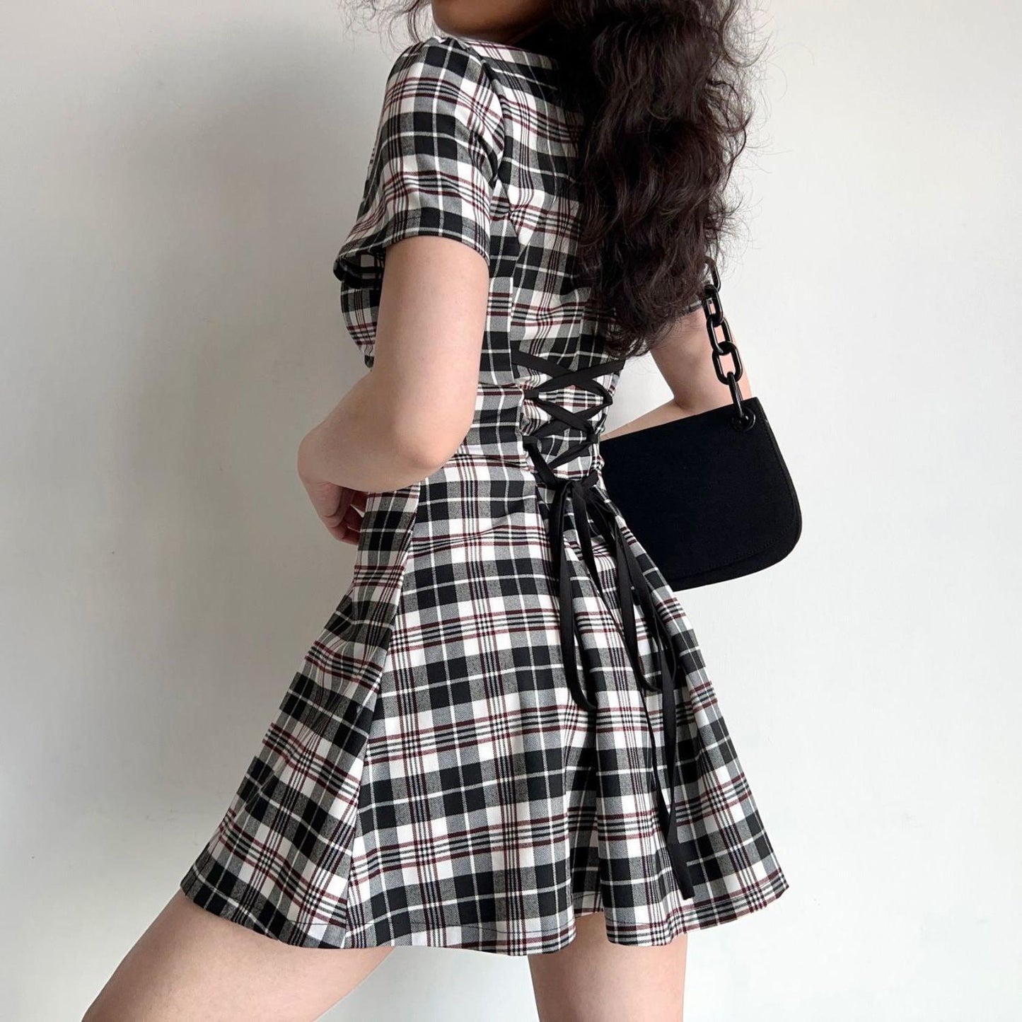 American Retro Lapel Single-breasted Plaid Dress Women's Waist Slimming A-line Skirt