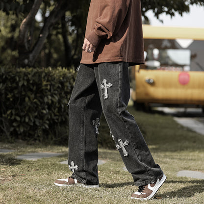 Jeans rétro à étiquetage croisé pour hommes 