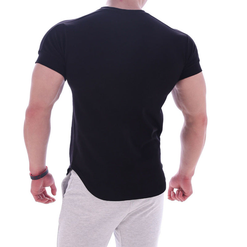 Muscle Boy Cotton Elastic Short-sleeved Men&#039;s Summer Solid Color Sports T-shirt Fitness Sweat-absorbing Round Neck T-shirt