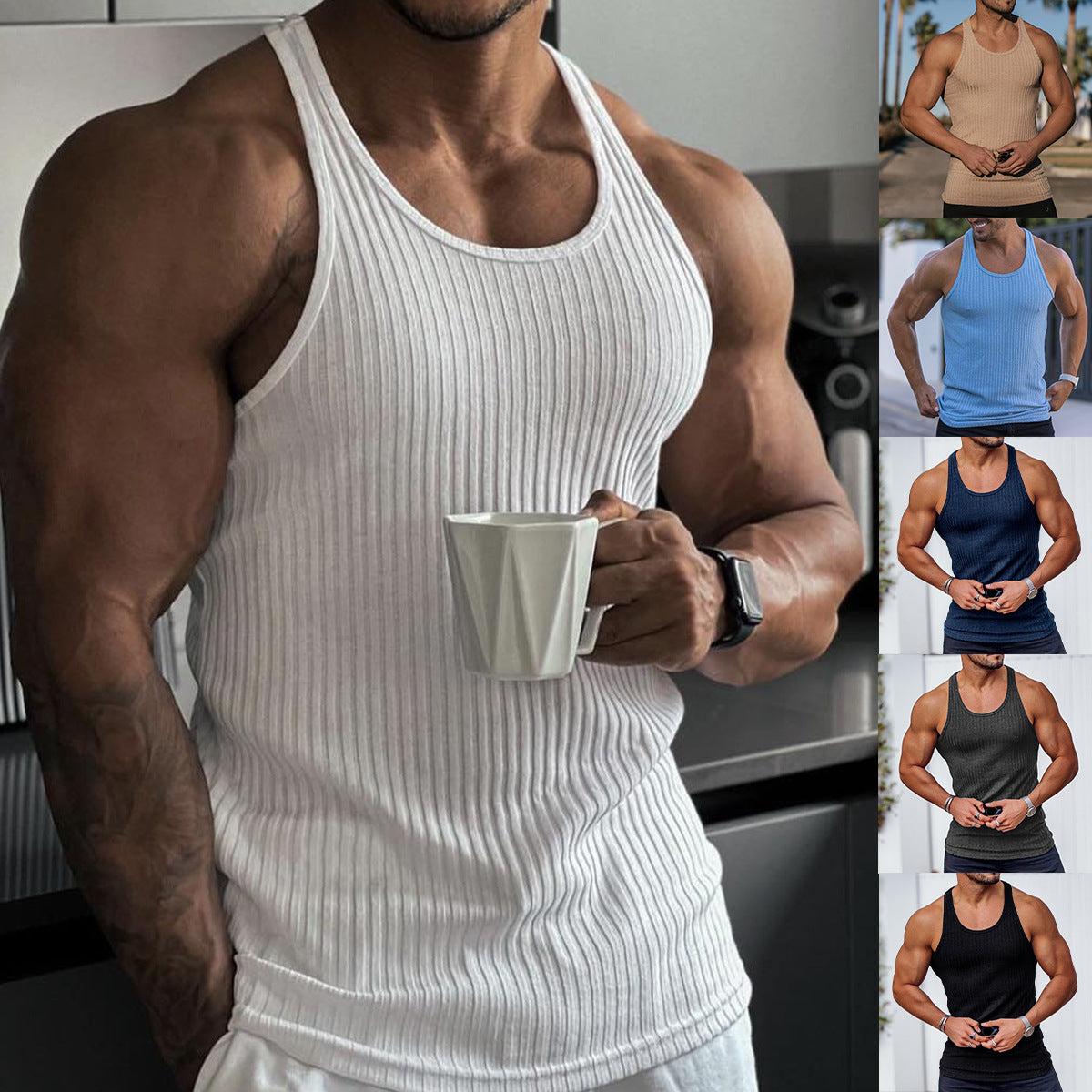 Summer Knitted Vertical Stripe Fitness Sports Self-cultivation Vest Men&#039;s I-shaped Vest