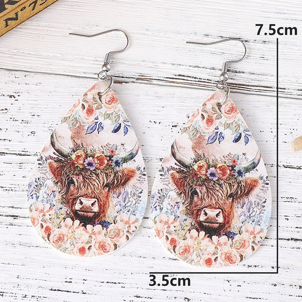 Cowboy Jewelry Highland Cow Flower Cow Head Earrings Double-sided PU Leather Water Drop Earrings Earrings