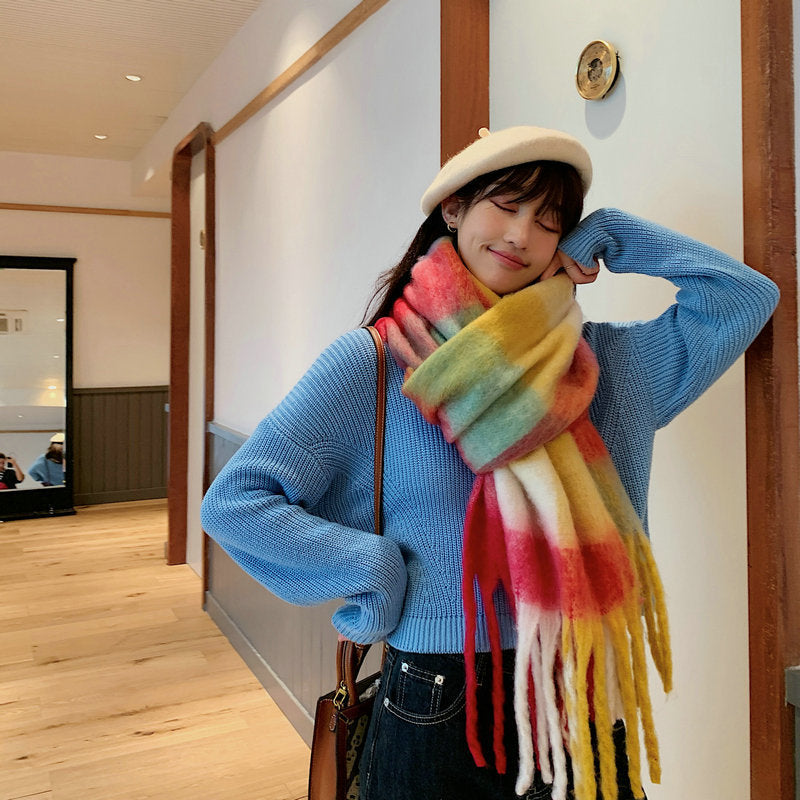 Thick Braid Rainbow Plaid Color Matching Scarf Winter Imitation Cashmere Plaid Fringed Shawl