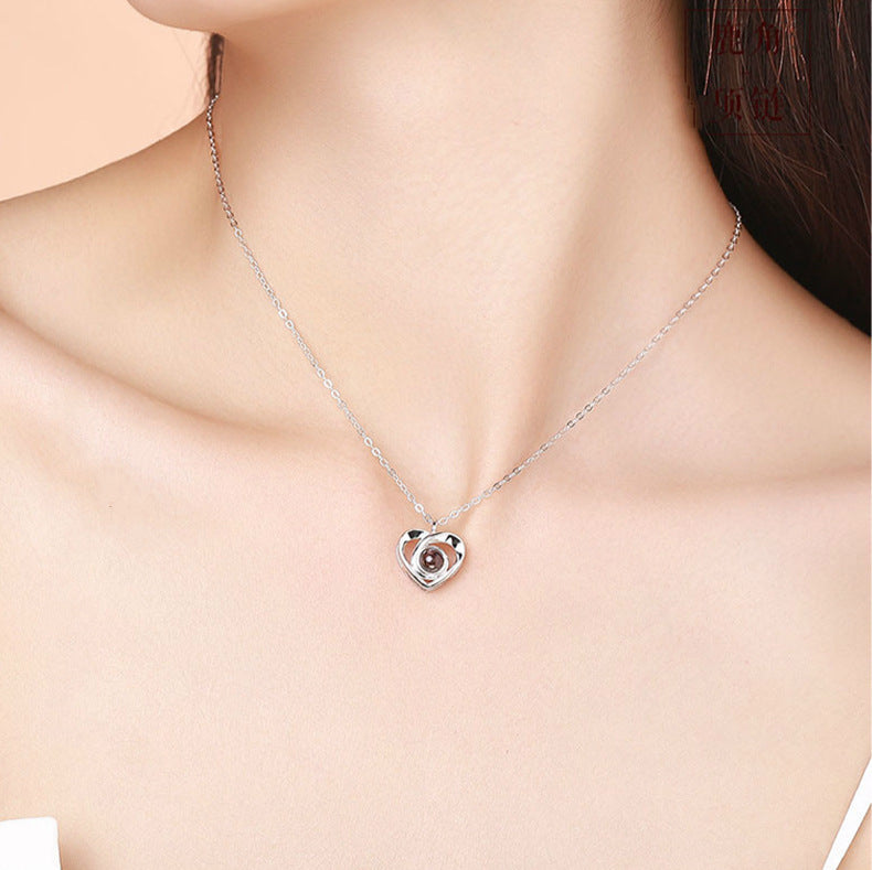 S925 Sterling Silver Love Projection Necklace Female Heart Pendant 100 Languages I Love You Korean Version Net Red Clavicle Chain