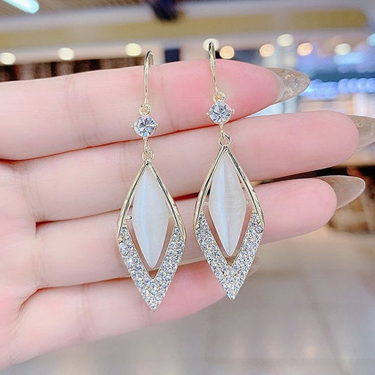 New Temperament Diamond Opal Ear Hook Korean Version Long 925 Silver Needle Rhinestone Earrings Net Red Geometric Earrings Women