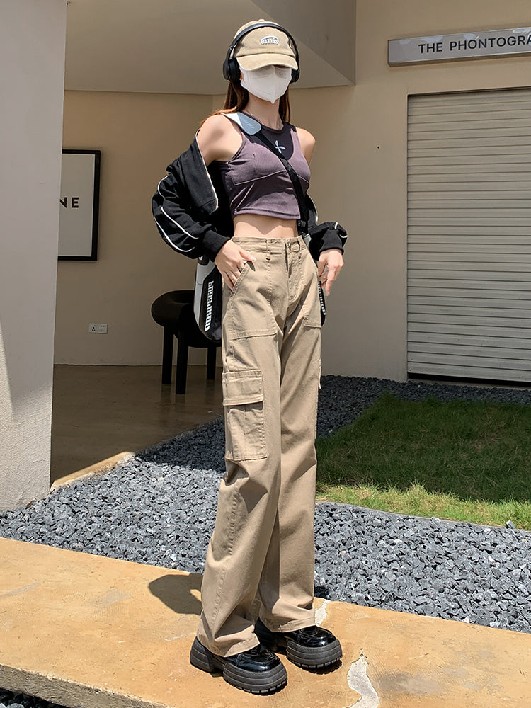 Khaki Overalls Women's Small Straight Narrow Version Wide-leg Pants High Waist Slim Loose Casual Trousers Spring Trendy