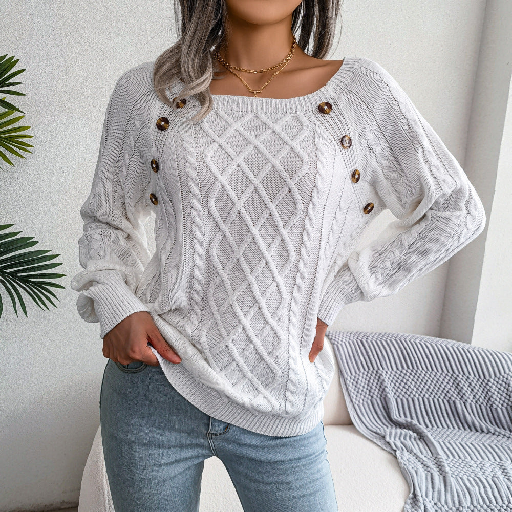 Autumn And Winter Casual Square Neck Button Twist Knitted Pullover Sweater Independent Station Amazon Cross-border Women's Clothing