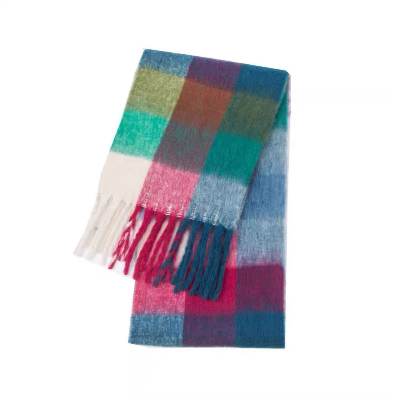 Thick Braid Rainbow Plaid Color Matching Scarf Winter Imitation Cashmere Plaid Fringed Shawl