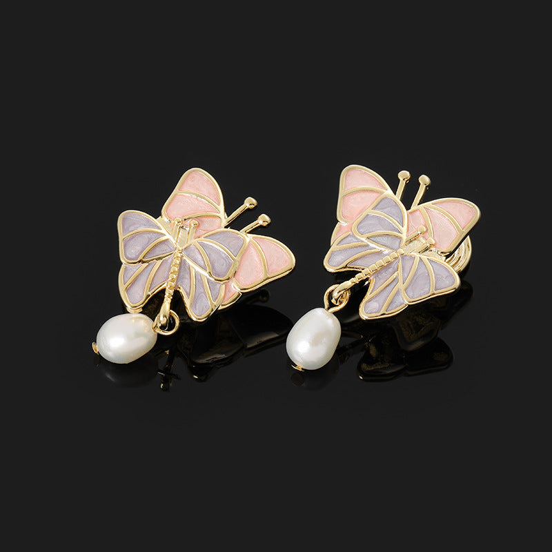 Gentle Pink Purple Butterfly No Ear Piercing One-piece Mosquito Incense Plate Ear Clip Ear Studs Freshwater Pearl Earrings Silver Needle