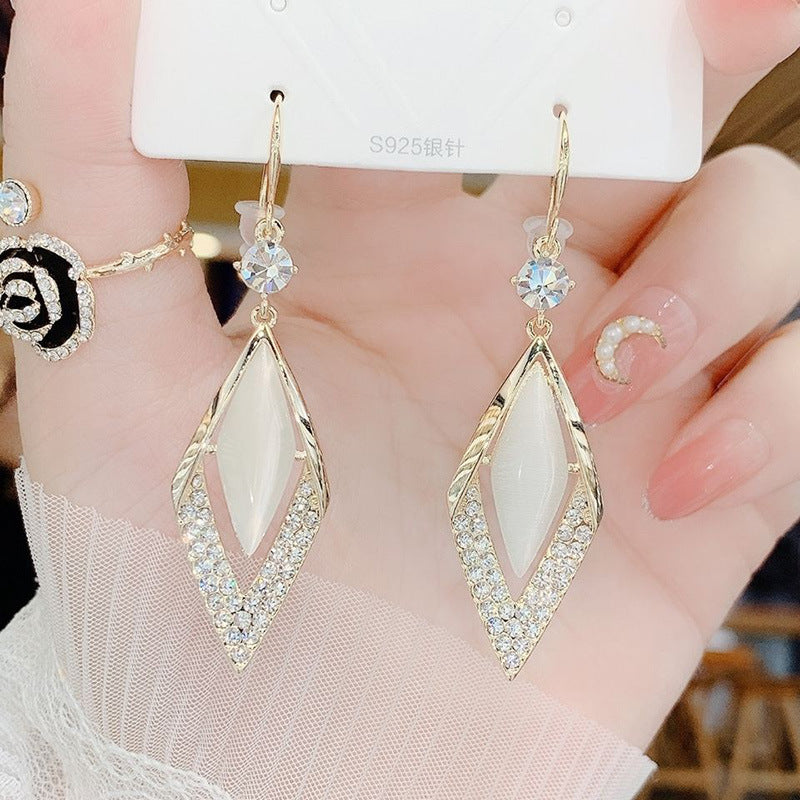 New Temperament Diamond Opal Ear Hook Korean Version Long 925 Silver Needle Rhinestone Earrings Net Red Geometric Earrings Women