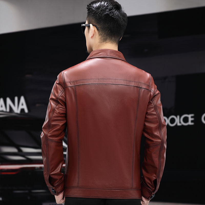 New Spring And Autumn First Layer Cowhide Genuine Leather Jacket Men's Lapel Short Slim Haining Leather Jacket Business Casual Jacket