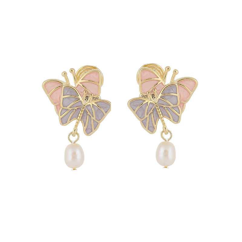 Gentle Pink Purple Butterfly No Ear Piercing One-piece Mosquito Incense Plate Ear Clip Ear Studs Freshwater Pearl Earrings Silver Needle