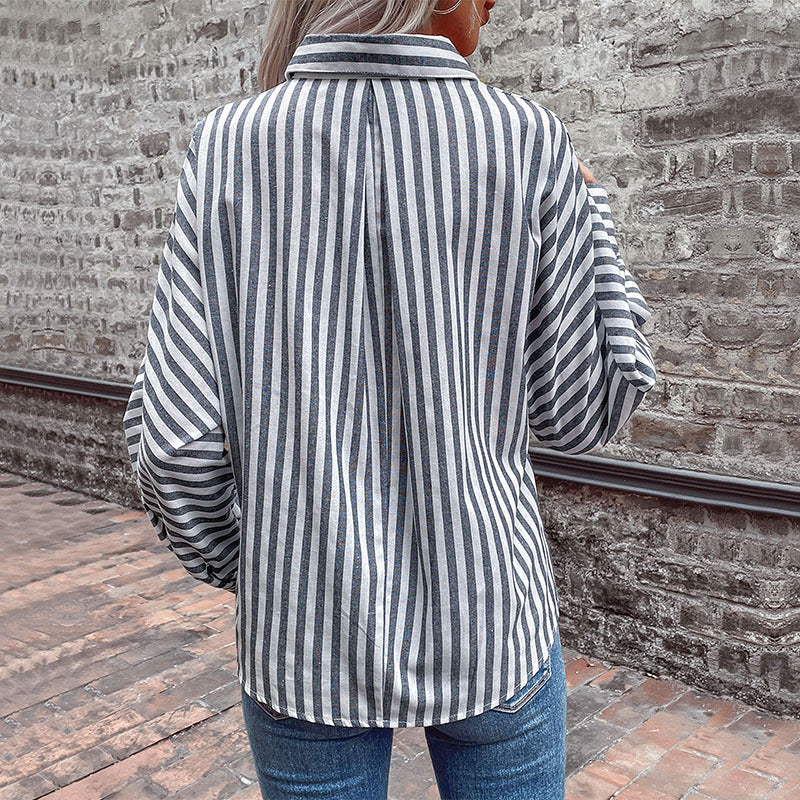 Spring New European And American Striped Cardigan Shirt Long-sleeved Commuting Amazon Lapel Shirt Women