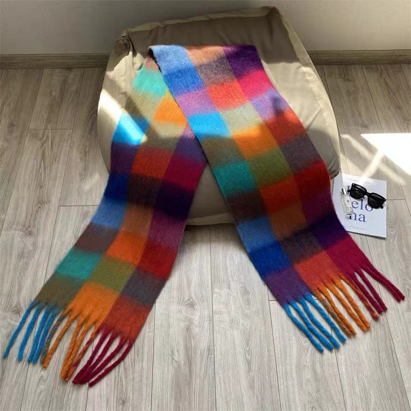 Thick Braid Rainbow Plaid Color Matching Scarf Winter Imitation Cashmere Plaid Fringed Shawl