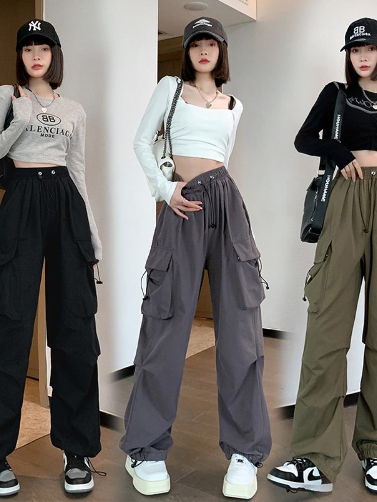 Army Green Overalls Women's 2024 New All-match Straight-leg Pants Drape Loose-legged Wide-leg Pants Trendy