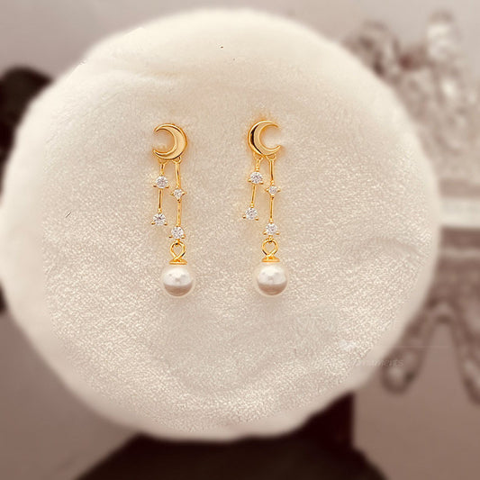 S925 Sterling Silver Gold-plated Earrings Moon Pearl Diamond Tassel Earrings Small Fresh Design Women's Ear Jewelry