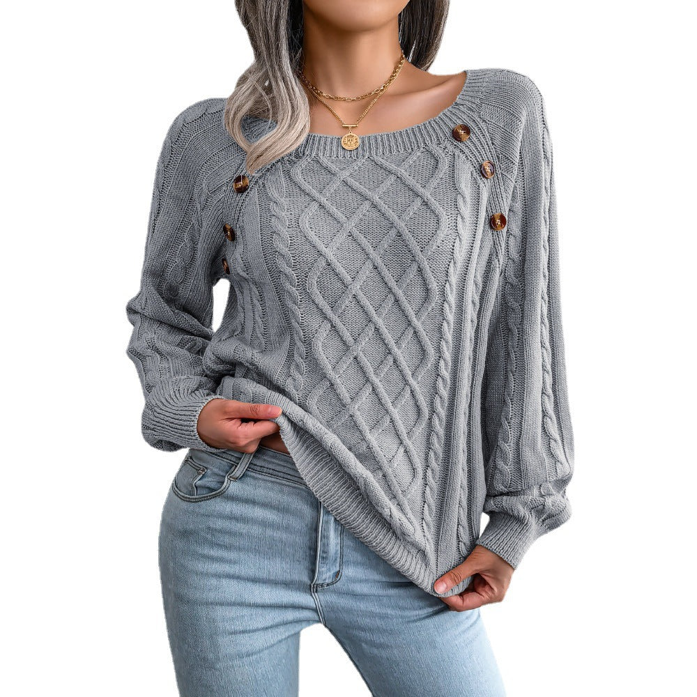 Autumn And Winter Casual Square Neck Button Twist Knitted Pullover Sweater Independent Station Amazon Cross-border Women's Clothing