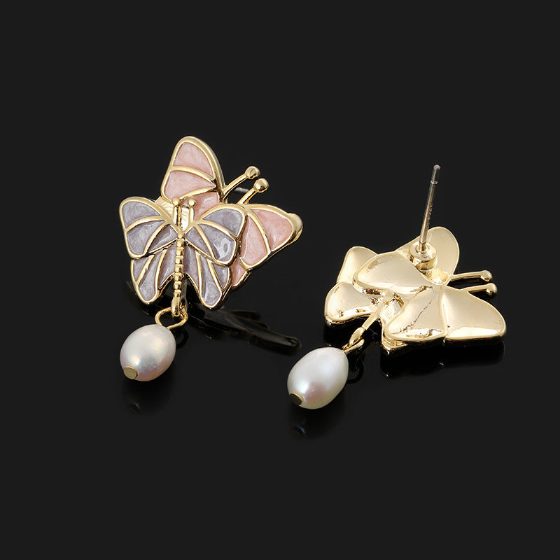 Gentle Pink Purple Butterfly No Ear Piercing One-piece Mosquito Incense Plate Ear Clip Ear Studs Freshwater Pearl Earrings Silver Needle