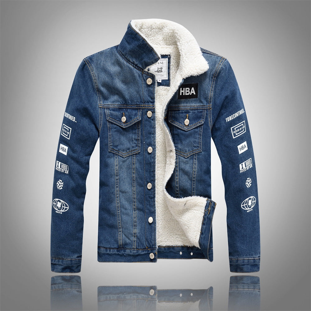 Winter Style Trendy Men's Large Size Foreign Trade Denim Jacket Lamb Fleece Jacket Thickening Plus Velvet Denim Jacket