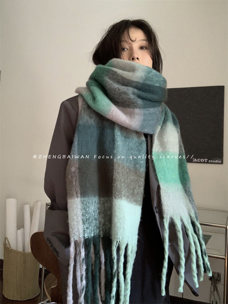 Thick Braid Rainbow Plaid Color Matching Scarf Winter Imitation Cashmere Plaid Fringed Shawl