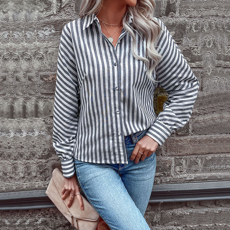 Spring New European And American Striped Cardigan Shirt Long-sleeved Commuting Amazon Lapel Shirt Women