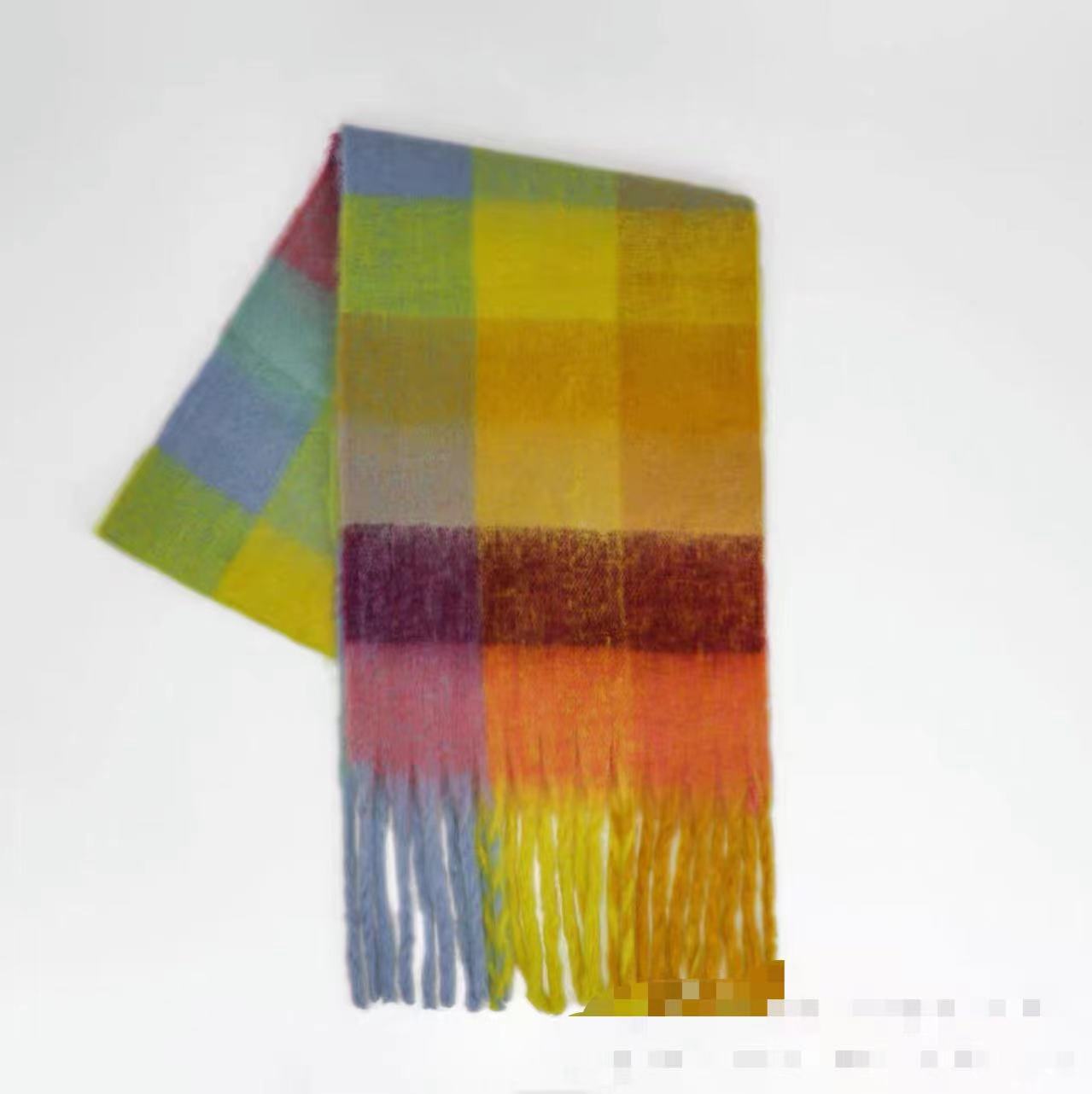 Thick Braid Rainbow Plaid Color Matching Scarf Winter Imitation Cashmere Plaid Fringed Shawl