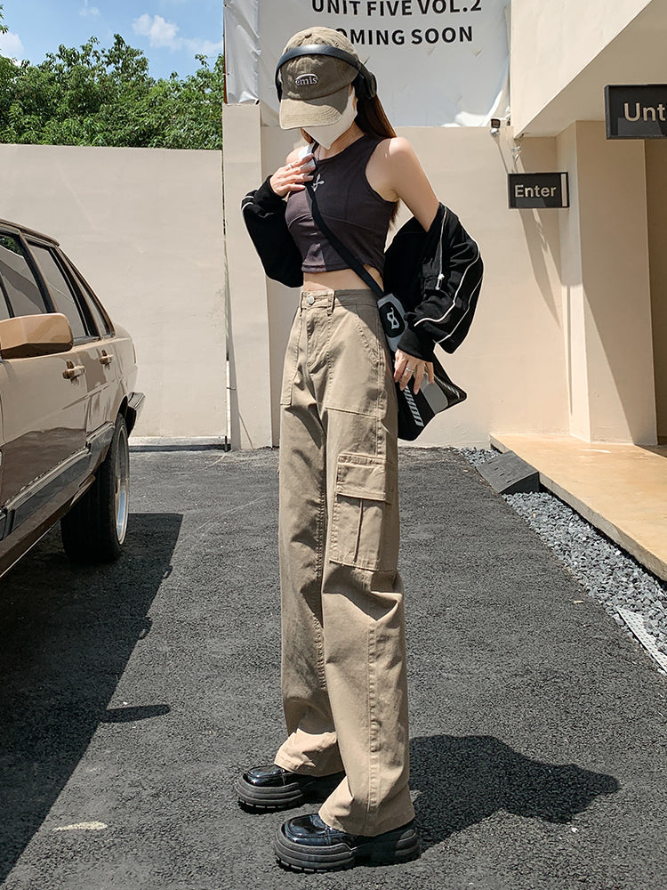 Khaki Overalls Women's Small Straight Narrow Version Wide-leg Pants High Waist Slim Loose Casual Trousers Spring Trendy