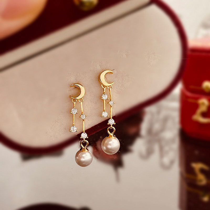 S925 Sterling Silver Gold-plated Earrings Moon Pearl Diamond Tassel Earrings Small Fresh Design Women's Ear Jewelry