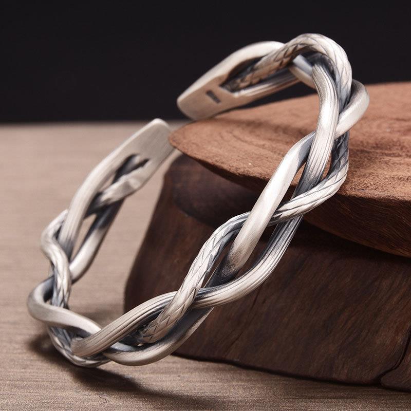 Europe And America Retro Braided Twist Open Bracelet Copper Silver Plated Bracelet Men's Geometric Bracelet Wholesale