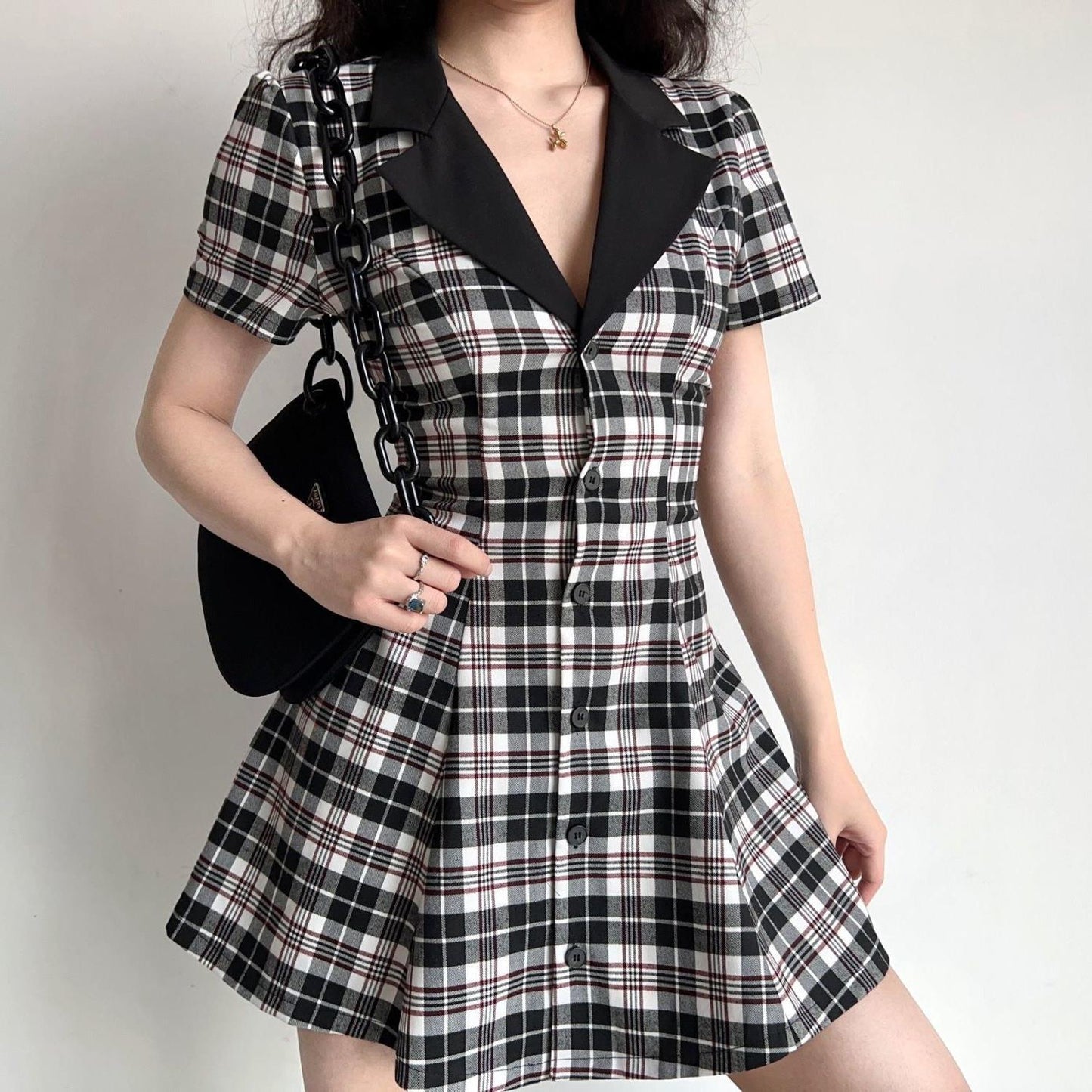 American Retro Lapel Single-breasted Plaid Dress Women's Waist Slimming A-line Skirt