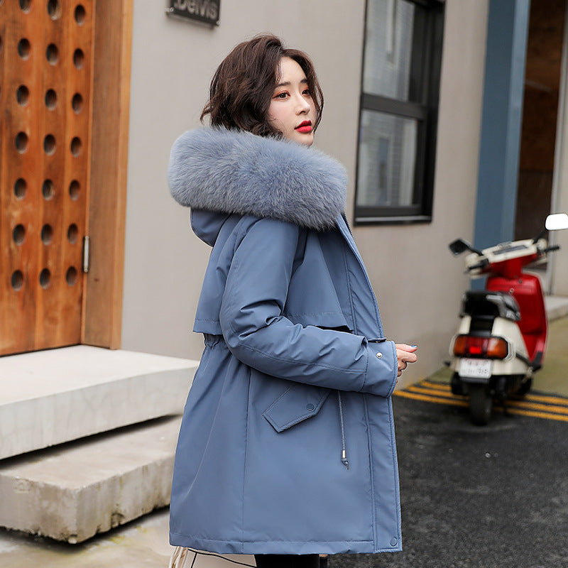 Winter Cotton Coat Women's Korean Version Mid-length Loose Warm Pie To Overcome Big Fur Collar Hooded Thickened Cotton Coat