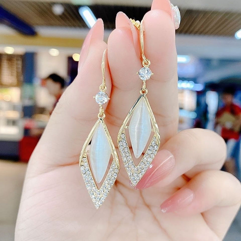 New Temperament Diamond Opal Ear Hook Korean Version Long 925 Silver Needle Rhinestone Earrings Net Red Geometric Earrings Women