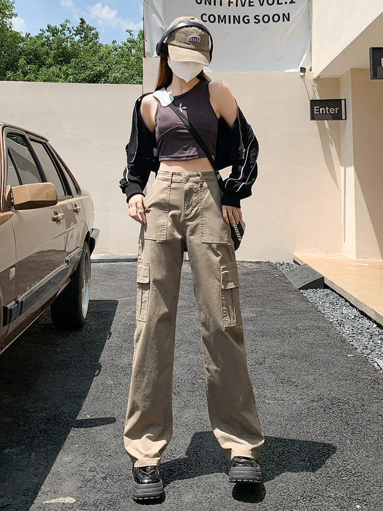 Khaki Overalls Women's Small Straight Narrow Version Wide-leg Pants High Waist Slim Loose Casual Trousers Spring Trendy