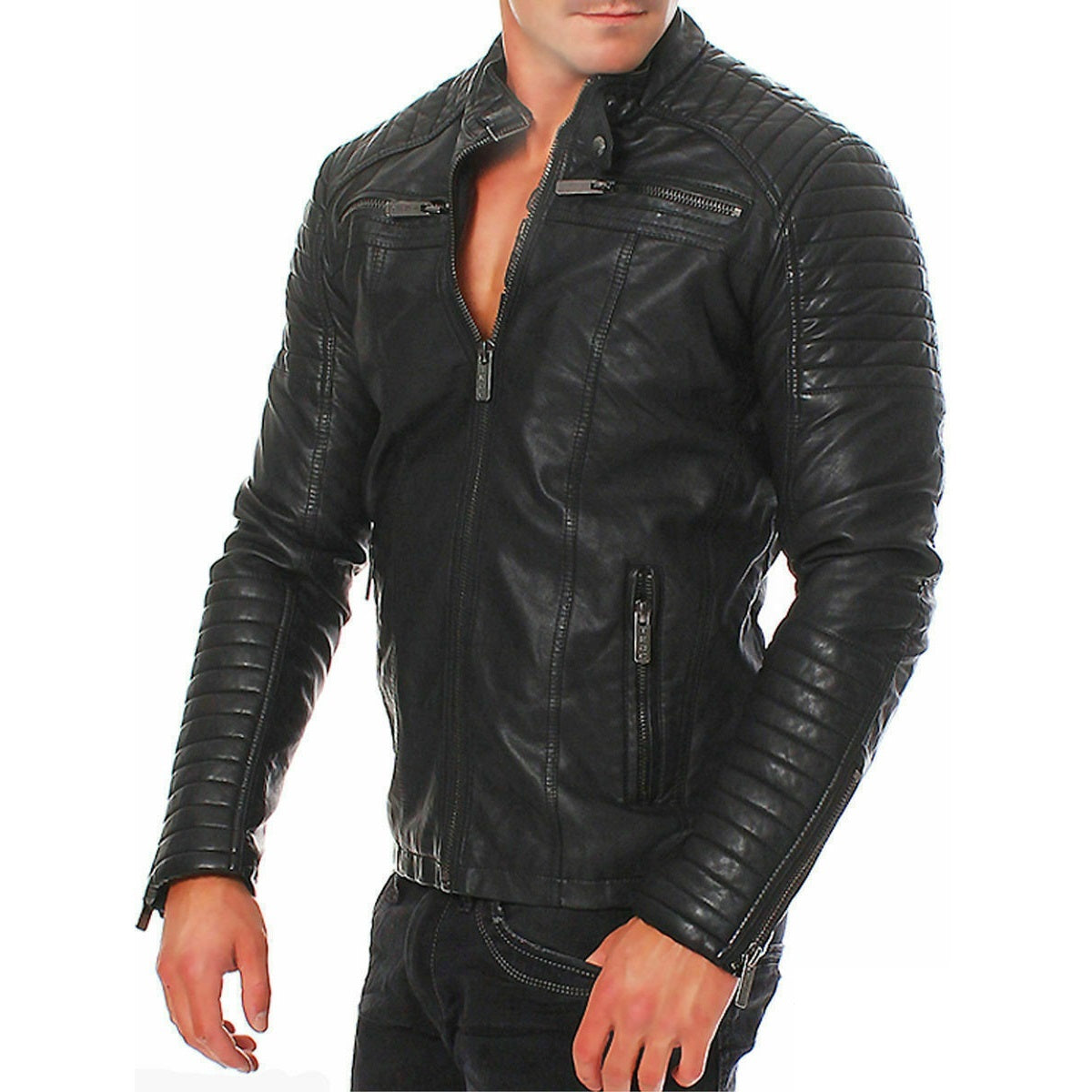 Men's Leather Jackets Stand Collar Zipper Cardigan Jacket Leather Jacket