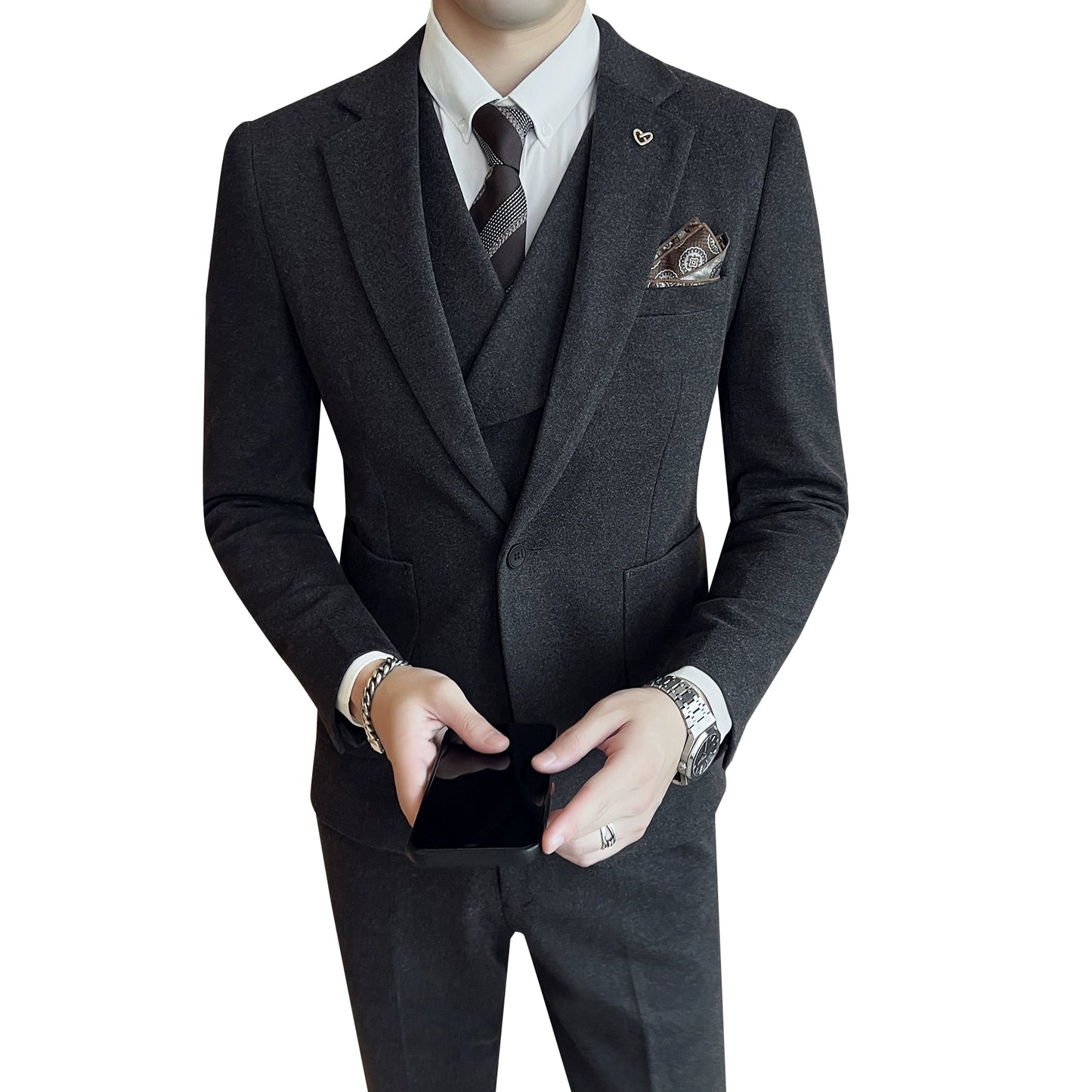 Autumn And Winter British Business Slim Suit Men&#039;s High-end Casual Commuting One-button Woolen Suit Three-piece Suit