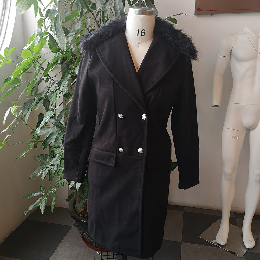 New European And American Coat Casual Solid Color Large Fur Collar Coat