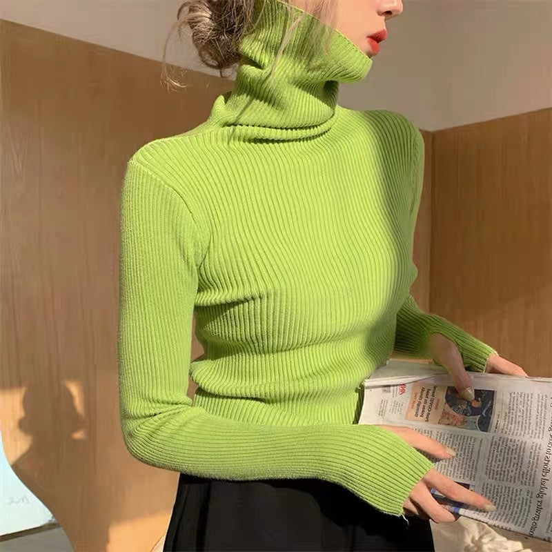 Heap Collar Thickened Sweater Women's Autumn And Winter New Explosive Style Knitted Bottoming Shirt Western Style Slim Long-sleeved Inner Top