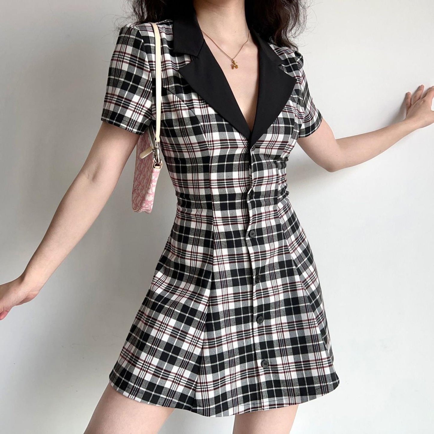 American Retro Lapel Single-breasted Plaid Dress Women's Waist Slimming A-line Skirt