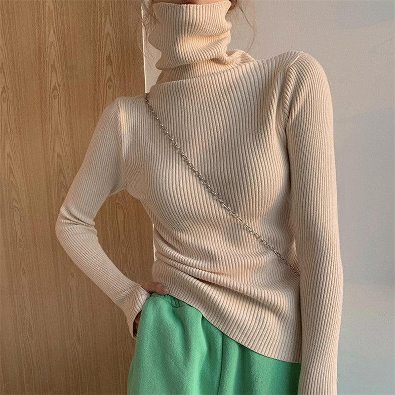 Heap Collar Thickened Sweater Women's Autumn And Winter New Explosive Style Knitted Bottoming Shirt Western Style Slim Long-sleeved Inner Top