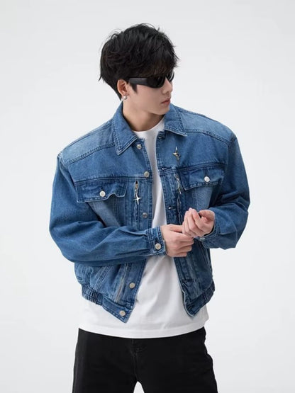 Veste en Denim avec épaulettes en métal pour hommes, ample, délavée, en détresse, rétro américain, courte, marque tendance, printemps et automne