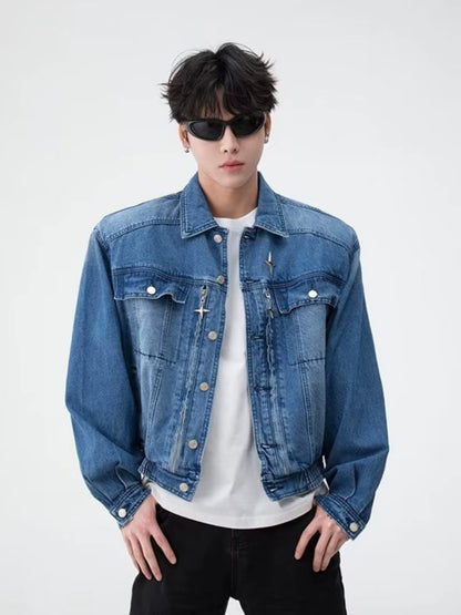 Veste en Denim avec épaulettes en métal pour hommes, ample, délavée, en détresse, rétro américain, courte, marque tendance, printemps et automne