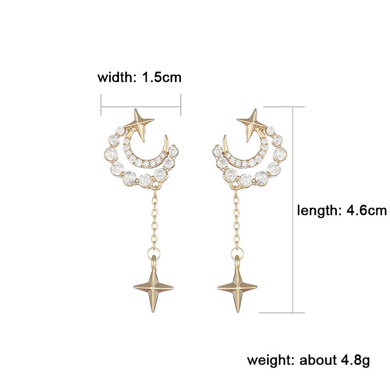 Star Moon Earrings Trendy Model Micro-inlaid Zirconium Earrings Super Fairy Showing Temperament College Wind Earrings