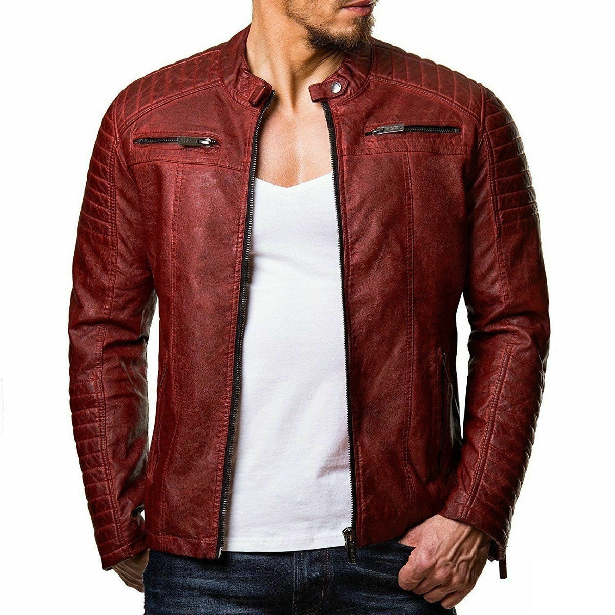 Men's Leather Jackets Stand Collar Zipper Cardigan Jacket Leather Jacket