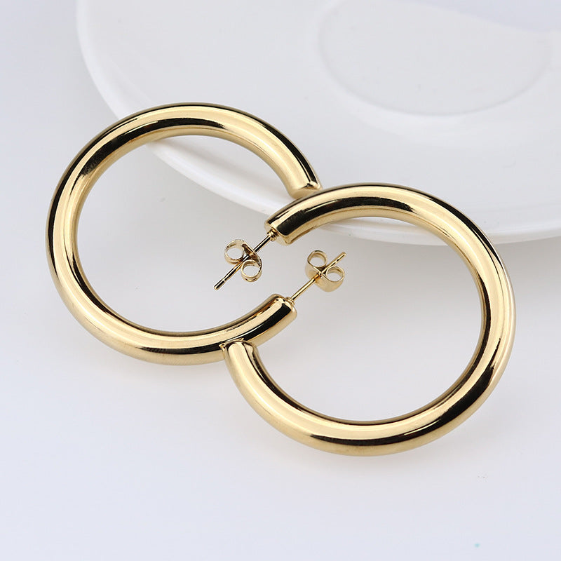 New Fashion Simple Earrings Round Hollow Wire Earrings Titanium Steel Ear Buckle Thick Earrings Ear Jewelry Female Explosive Style